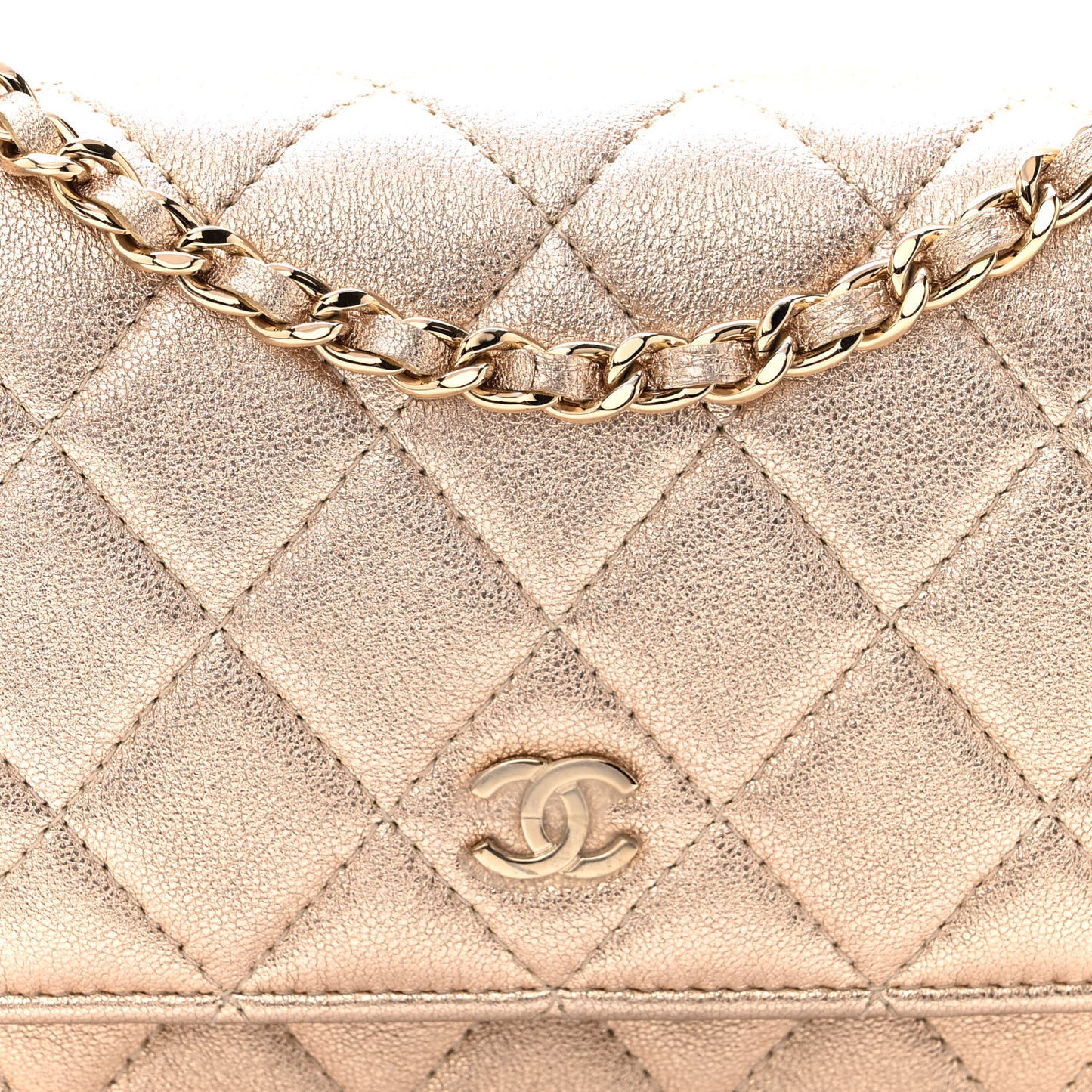 Metallic Lambskin Quilted Mini Wallet On Chain WOC Gold