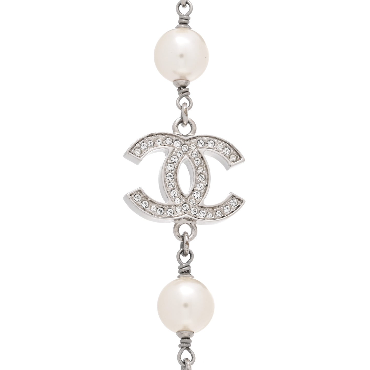 Graduated Pearl Crystal CC Long Necklace Silver
