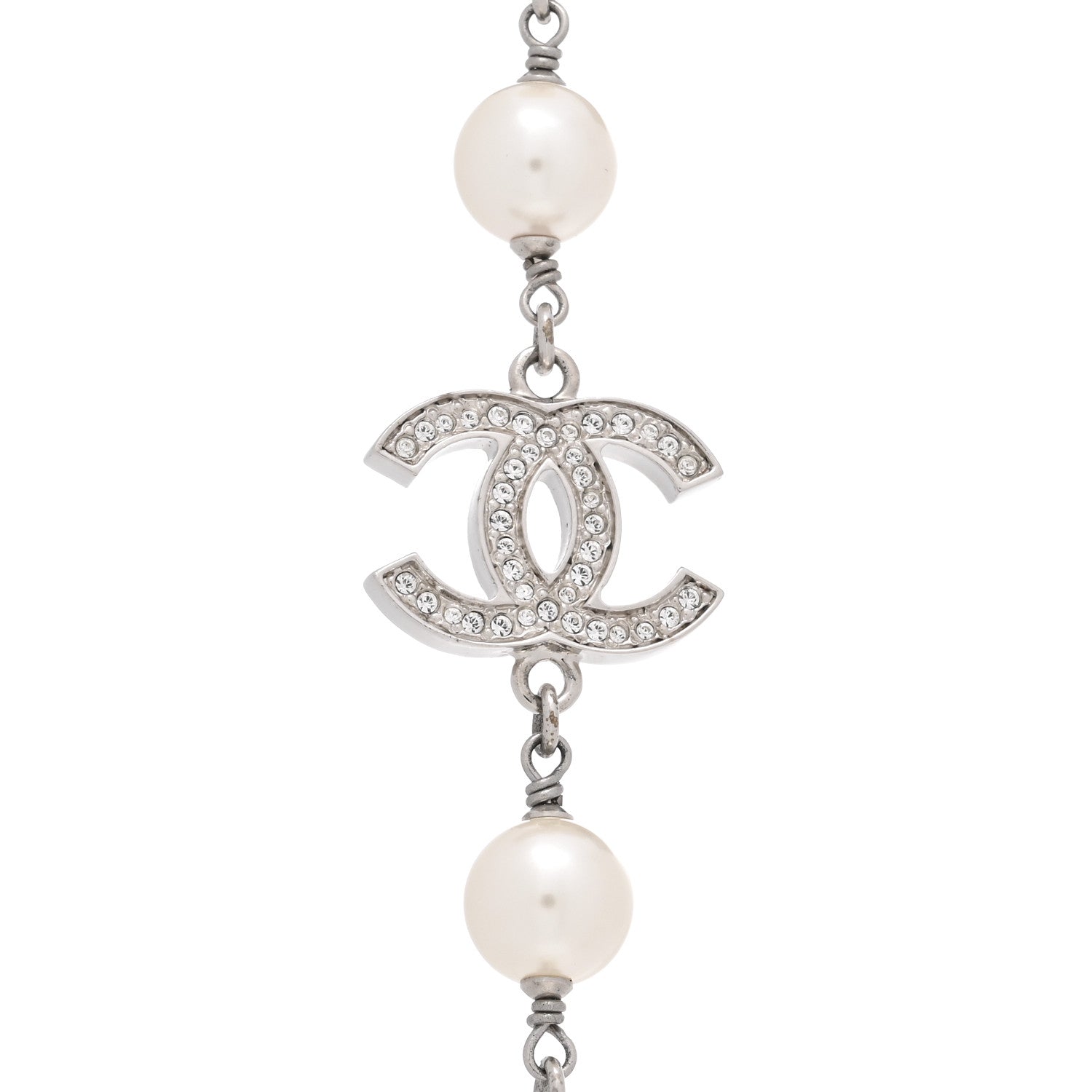 Chanel Graduated Pearl Crystal CC Long Necklace Silver 4 of 7