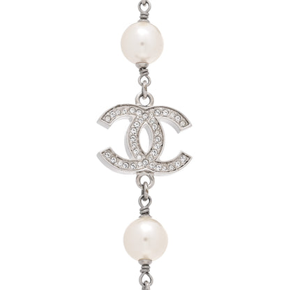 Chanel Graduated Pearl Crystal CC Long Necklace Silver 4 of 7