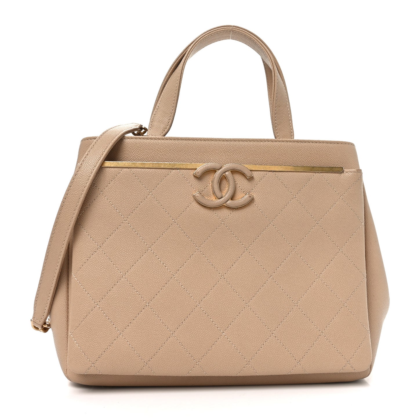 Grained Calfskin Stitched Small Lady Coco Top Handle Tote Beige