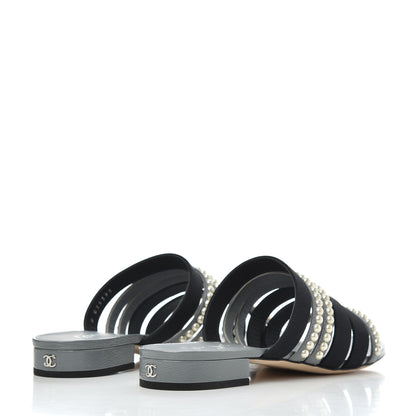 Chanel Patent Grosgrain CC Pearl Mules 38 Grey Black 4 of 11