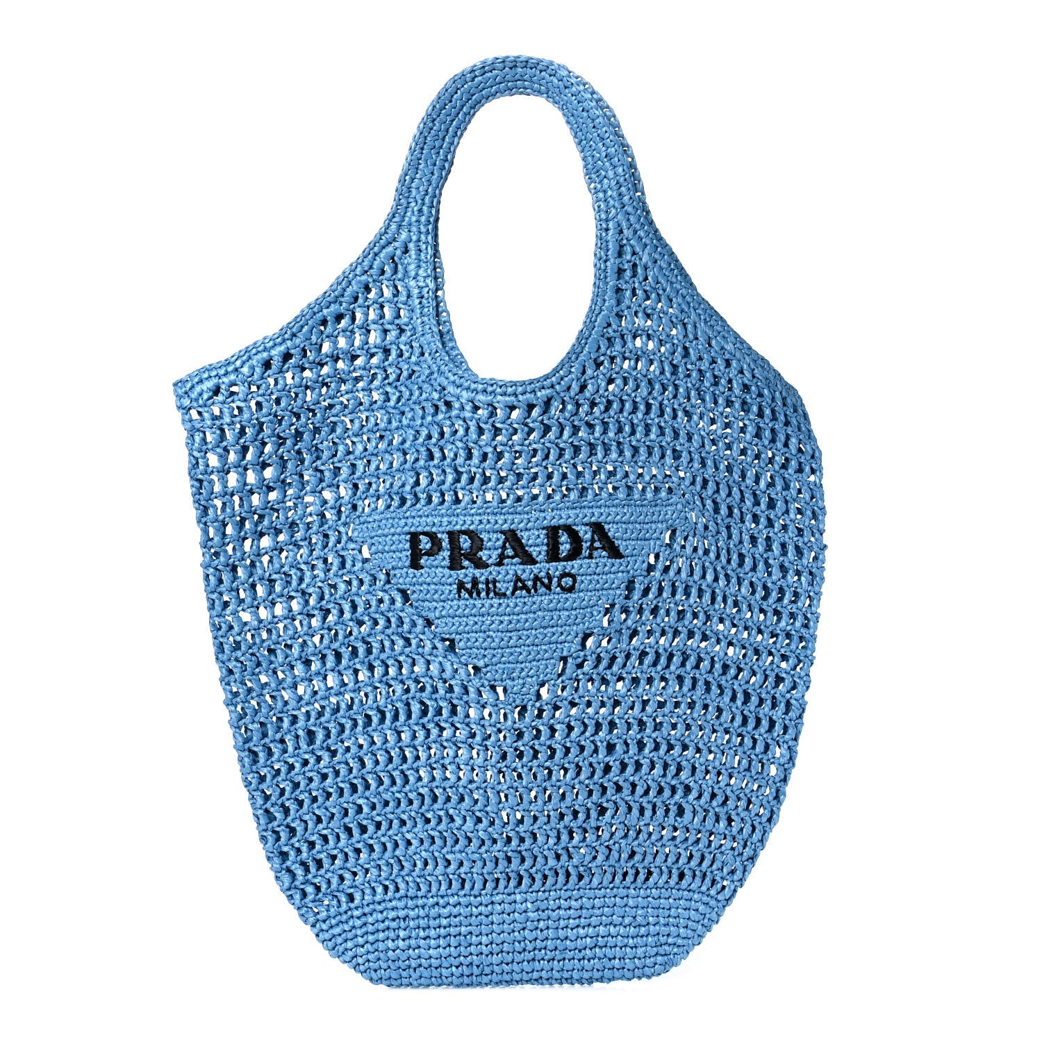 Prada Yarn Raffia Effect Crochet Logo Embroidered Shopping Tote Bag Celeste 1 of 8