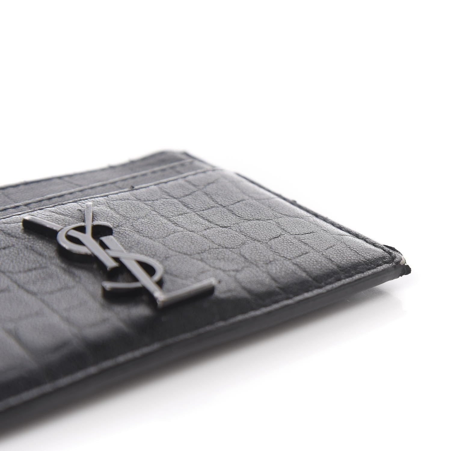 Saint Laurent Calfskin Crocodile Embossed Monogram Credit Card Case Black 7 of 9