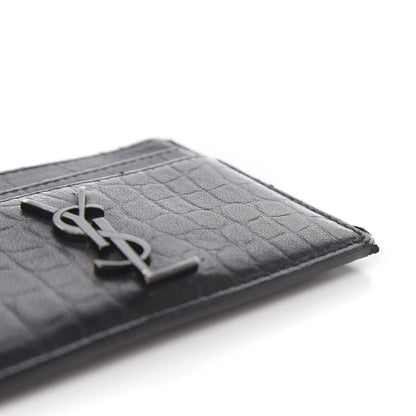 Saint Laurent Calfskin Crocodile Embossed Monogram Credit Card Case Black 7 of 9
