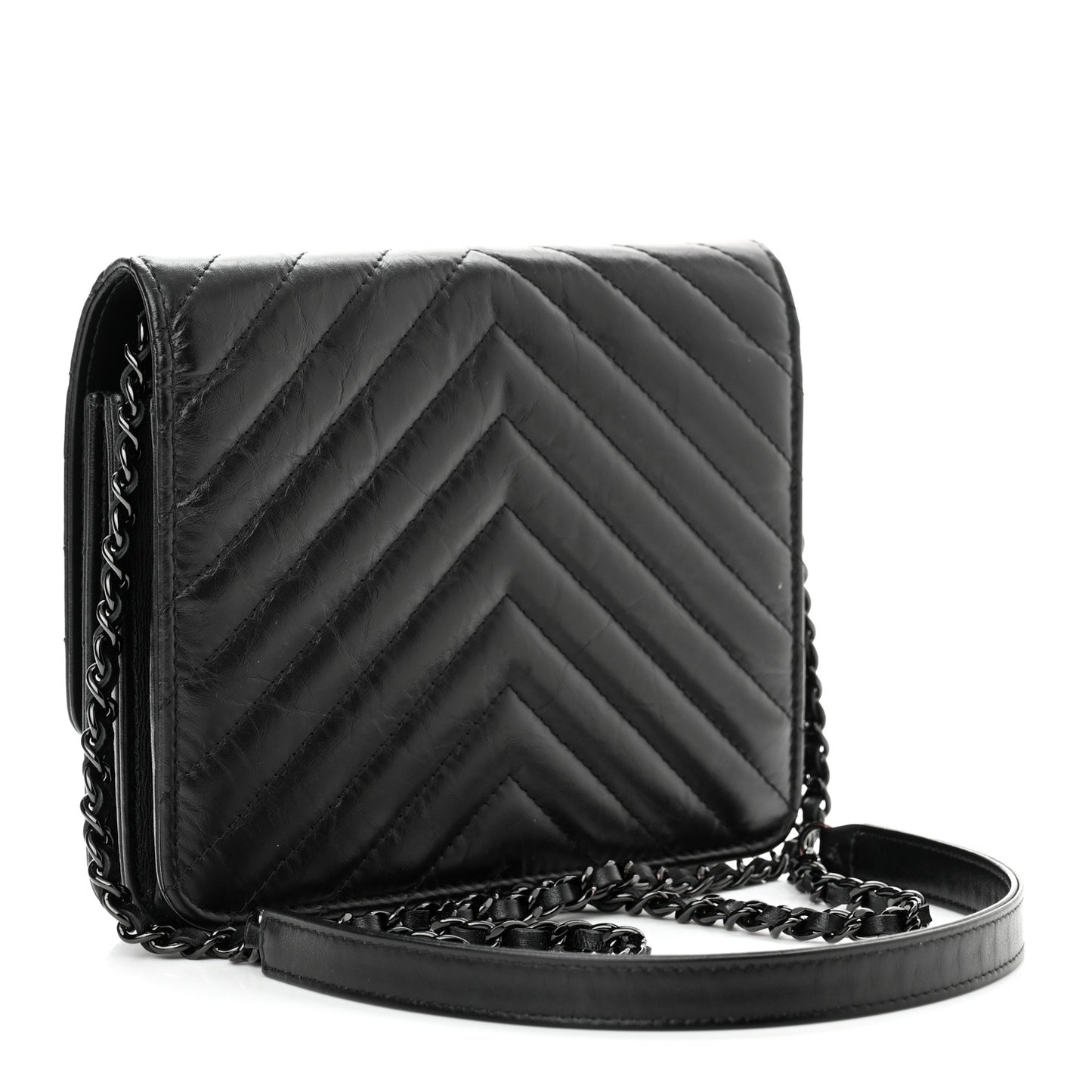 Aged Calfskin Chevron Quilted Reissue 2.55 Square Wallet On Chain WOC So Black