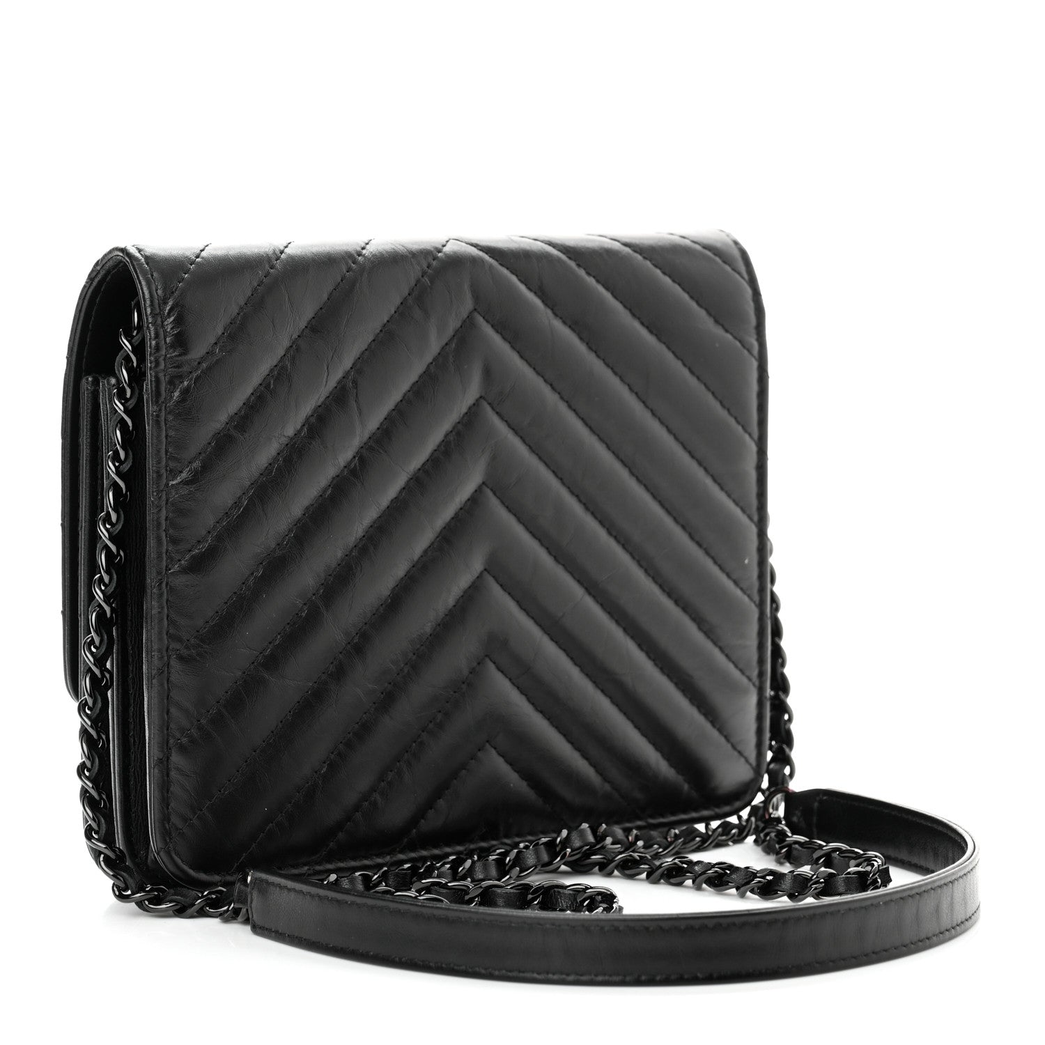 Chanel Aged Calfskin Chevron Quilted Reissue 2.55 Square Wallet On Chain WOC So Black 3 of 12