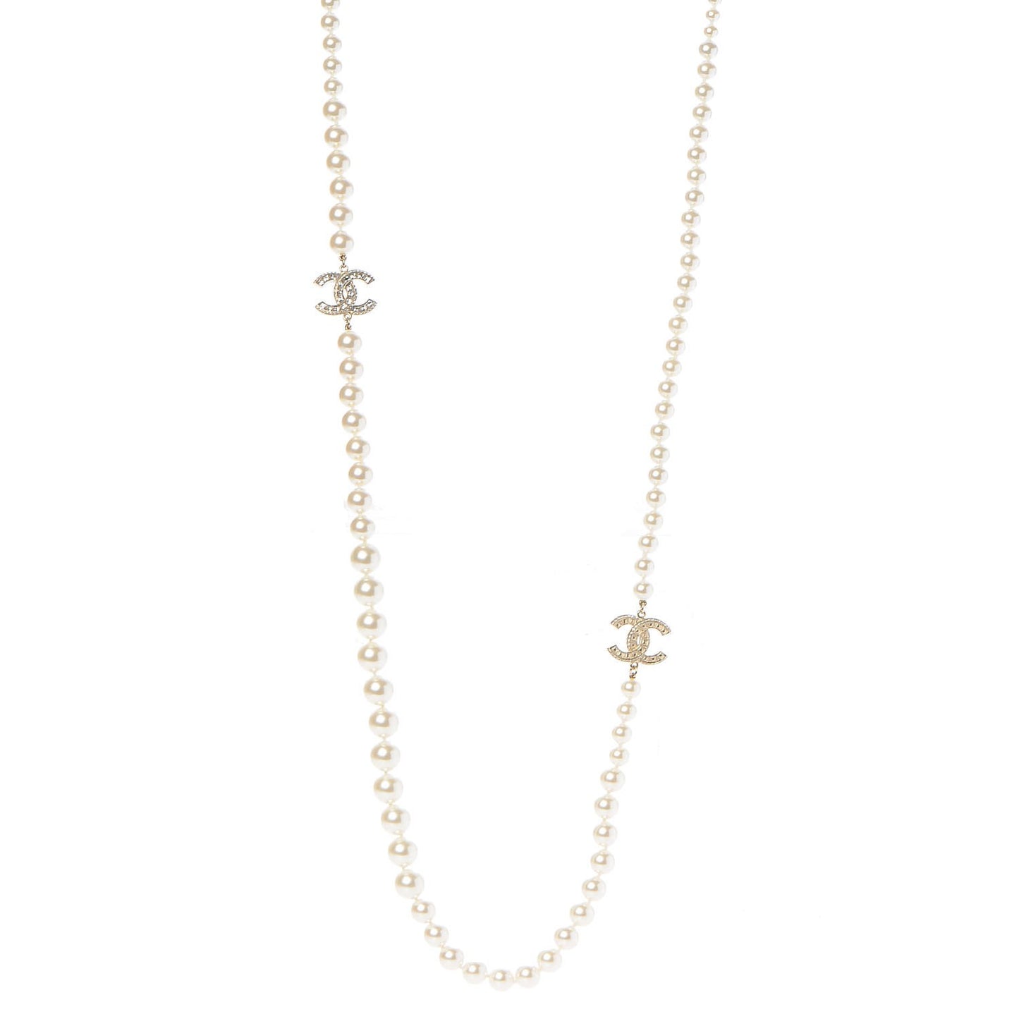Pearl Baguette Crystal CC Long Necklace Gold