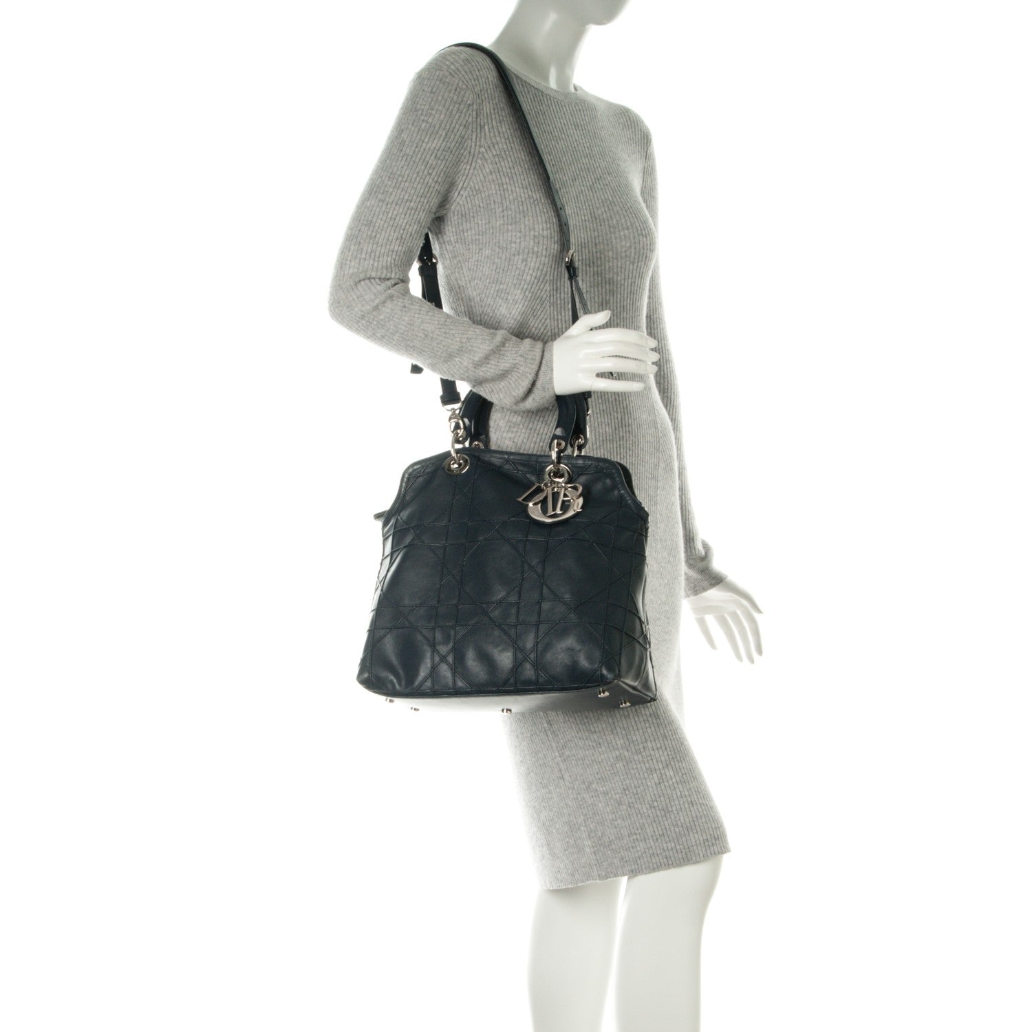 Christian Dior Lambskin Cannage Medium Granville Tote Navy Blue 2 of 12