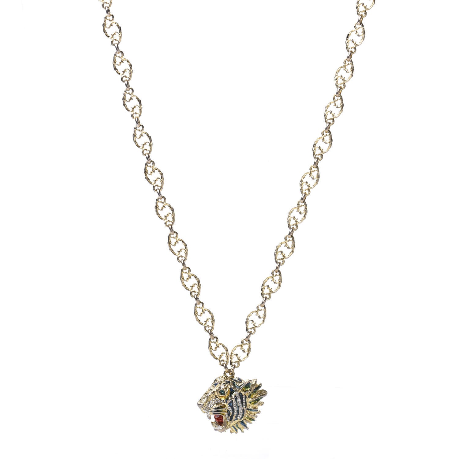 Gucci Metal Enamel Roaring Tiger Pendant Necklace Gold 1 of 4