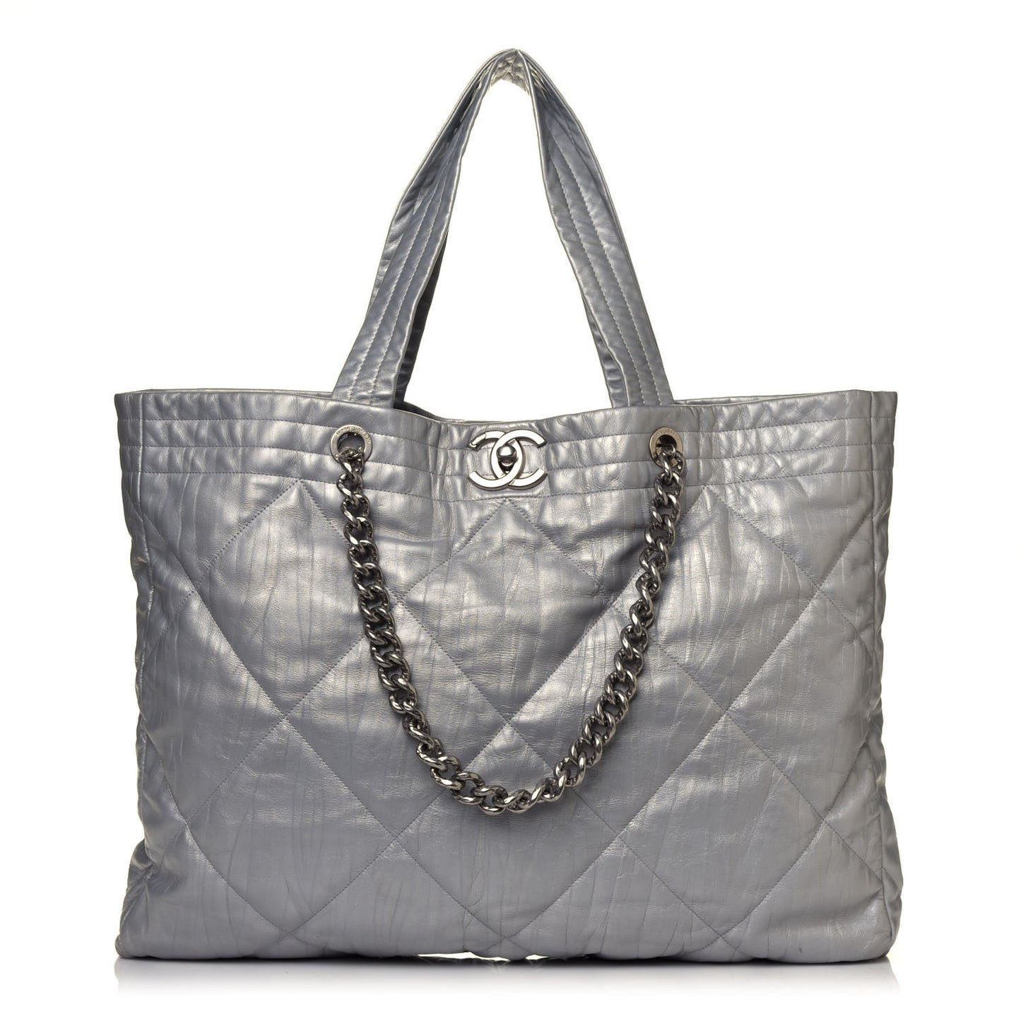 Iridescent Calfskin Quilted Ground Control Tote Silver