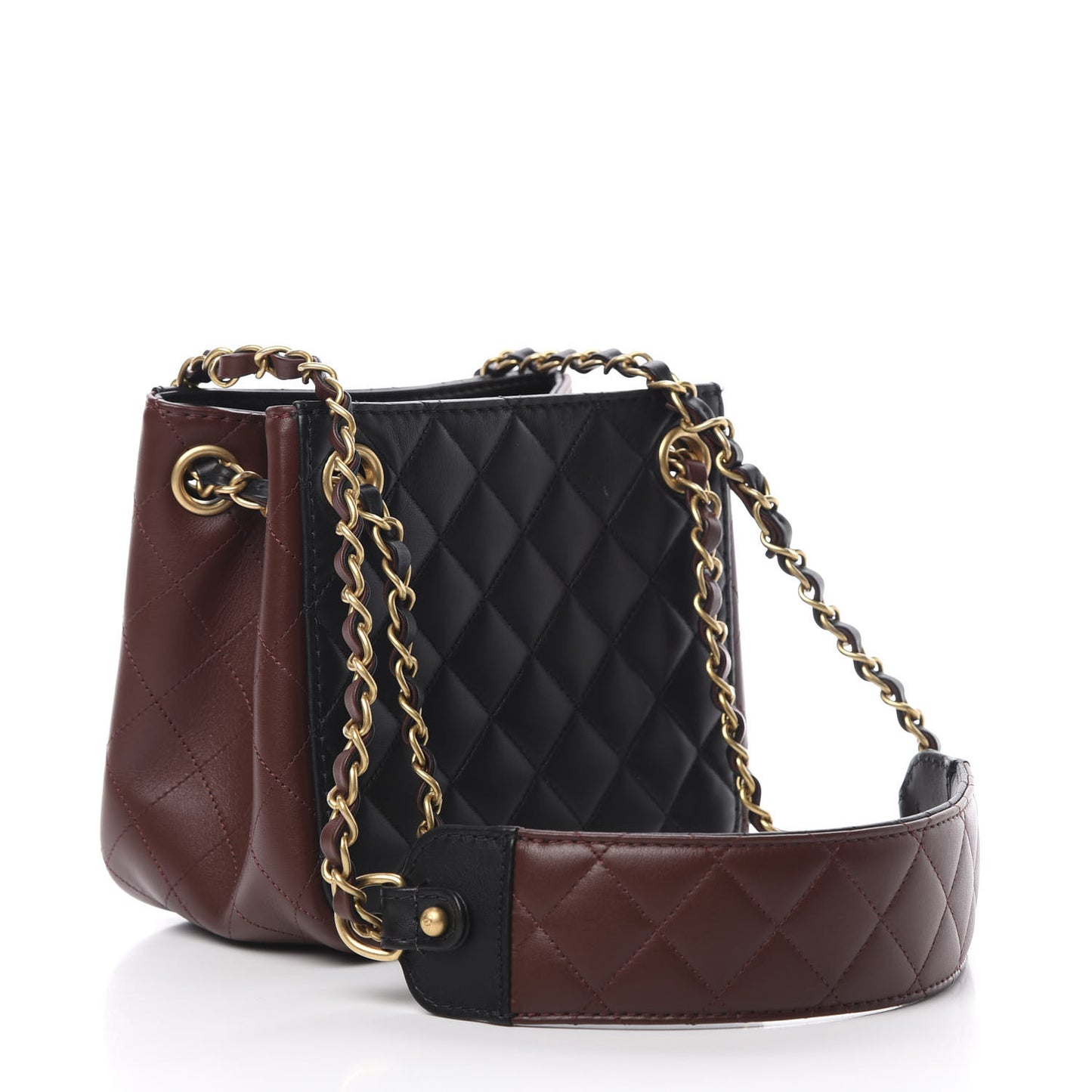 Calfskin Quilted Strap Into Bucket Bag Black Brown