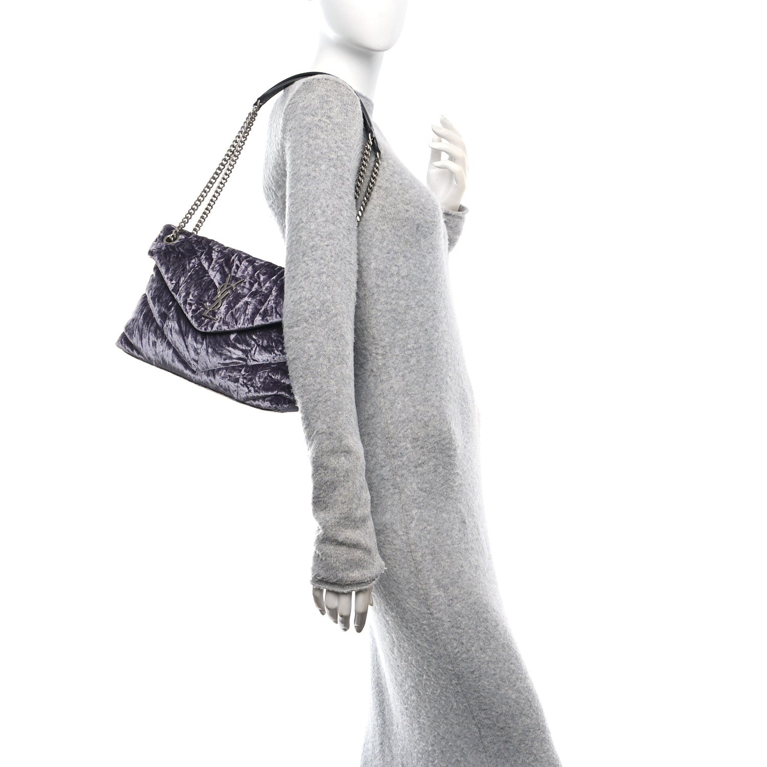 Saint Laurent Crushed Velvet Quilted Small Loulou Puffer Monogram Chain Satchel Iron Grey 2 of 10