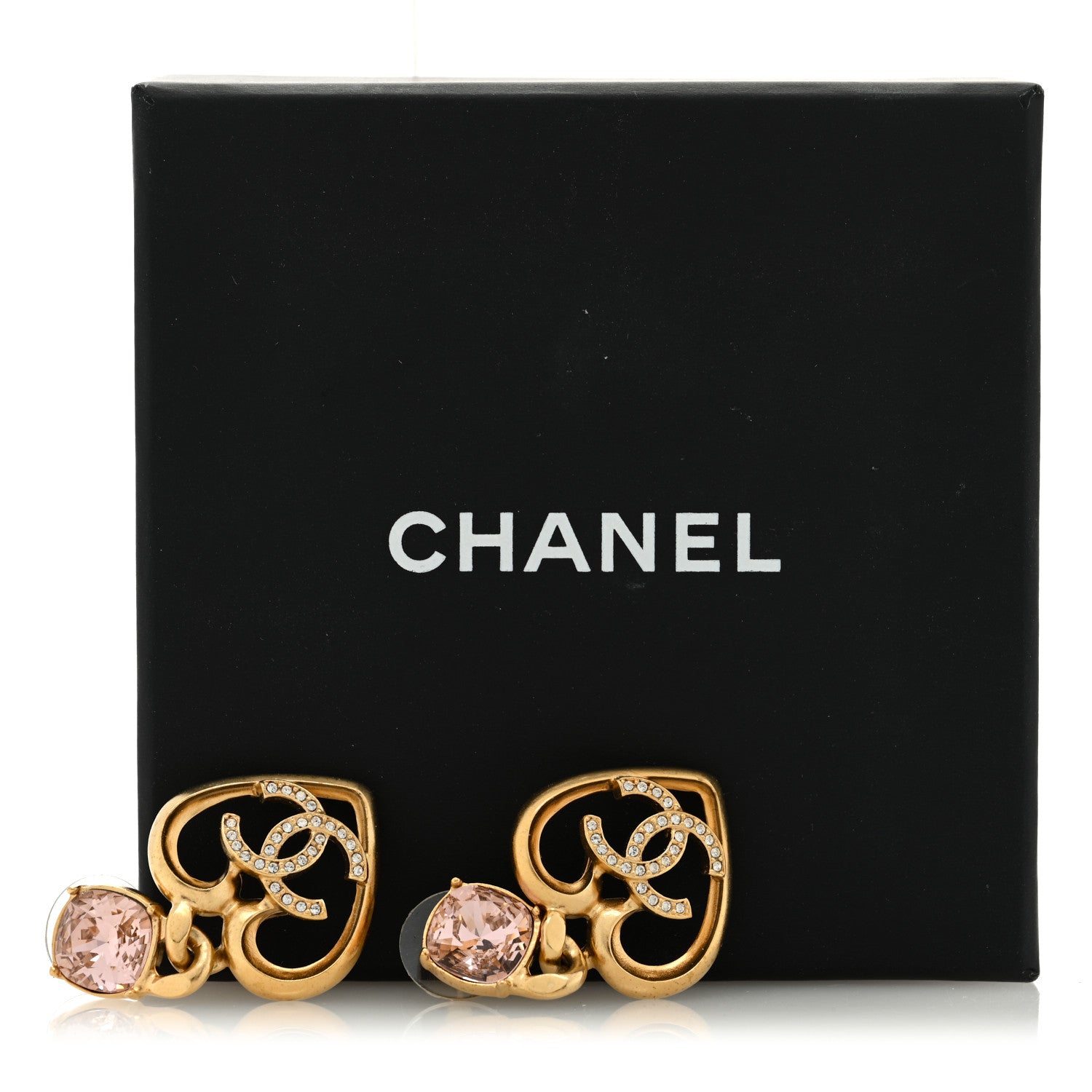 Chanel Crystal Heart CC Drop Earrings Pink Gold 5 of 5