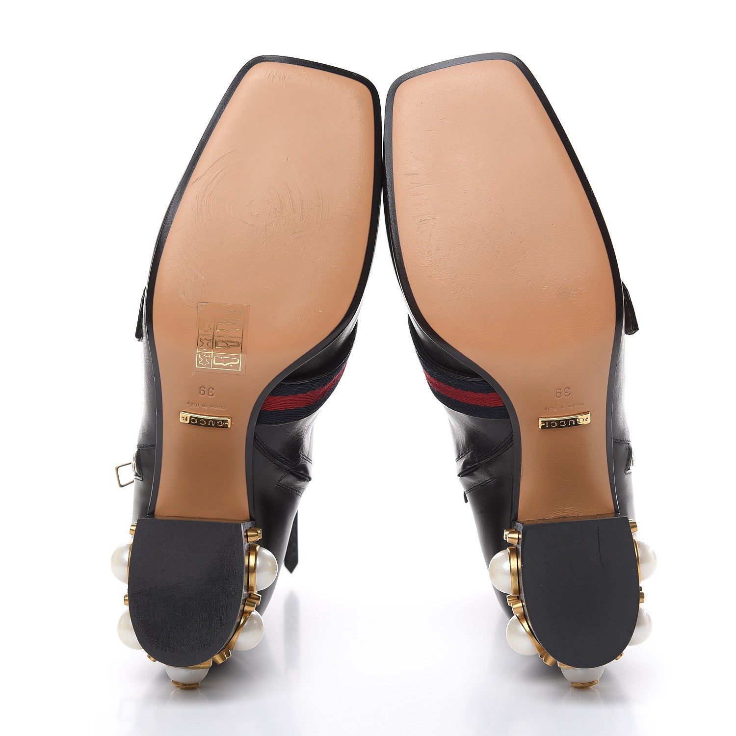 Gucci Betis Glamour Calfskin Web Pearl Embellished Peyton 75mm Ankle Boots 39 Black 5 of 11