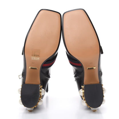 Gucci Betis Glamour Calfskin Web Pearl Embellished Peyton 75mm Ankle Boots 39 Black 5 of 11
