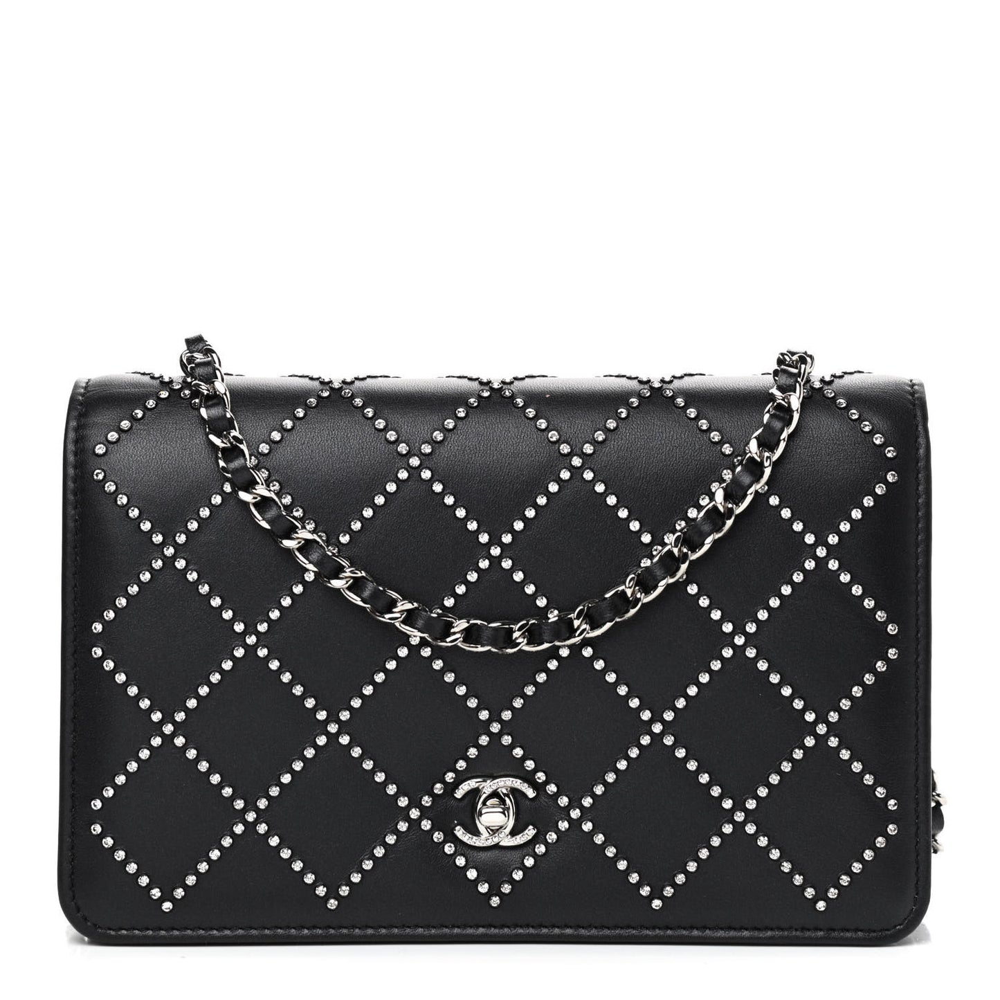 Lambskin Crystal Quilted Wallet On Chain WOC Black