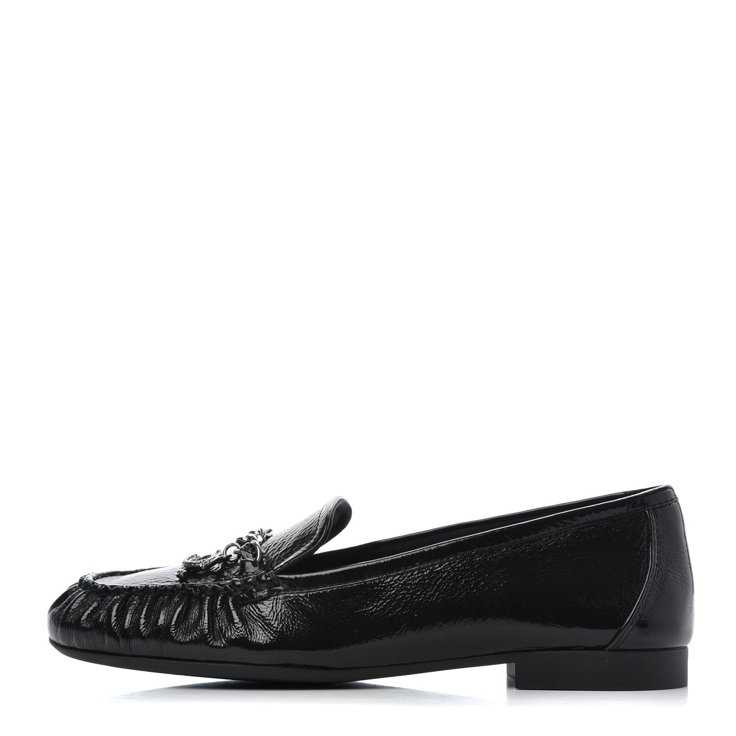 Chanel Crackled Patent Calfskin CC Mocassin Loafers 38 Black 1 of 14