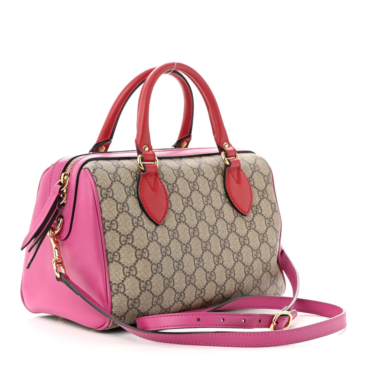 GG Supreme Monogram Moon Calfskin Small Boston Beige Ebony Hibiscus Red New Rosette