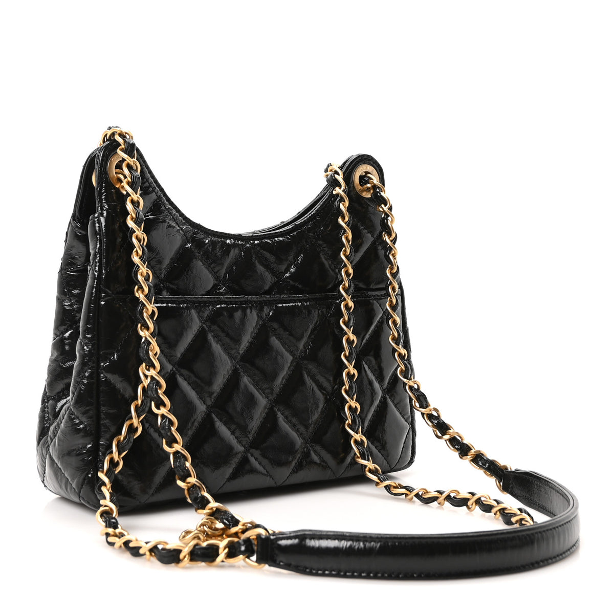 Shiny Crumpled Calfskin Quilted Small Wavy CC Hobo Black