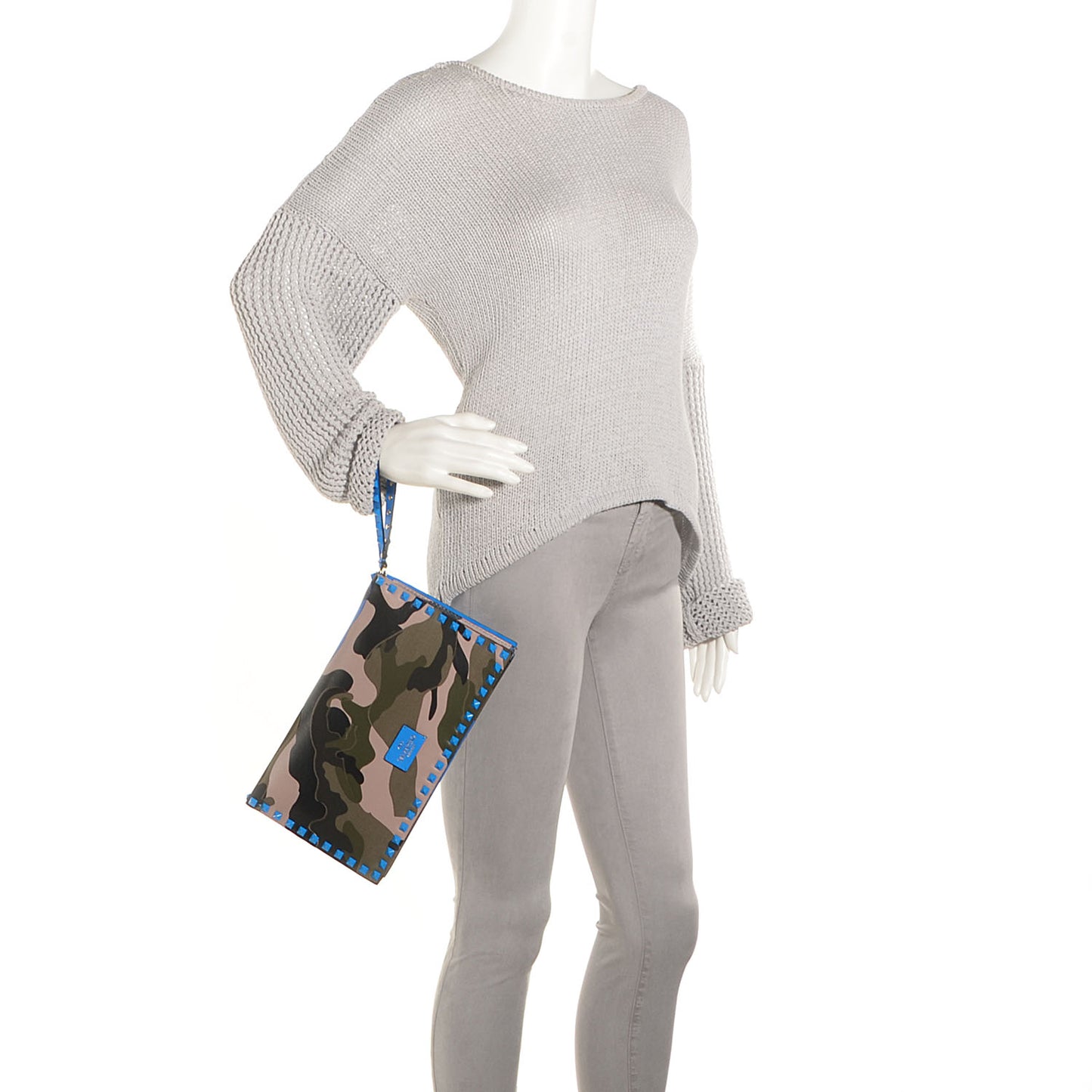 Nappa Canvas Camouflage Rockstud Wristlet Clutch Green Blue Fluo