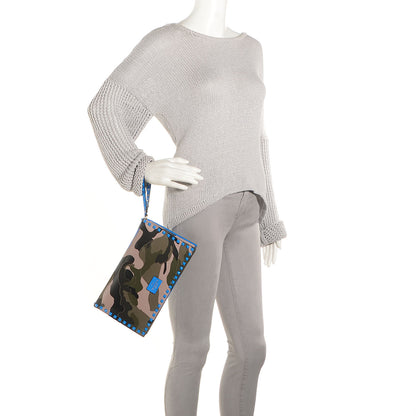 Valentino Garavani Nappa Canvas Camouflage Rockstud Wristlet Clutch Green Blue Fluo 2 of 8