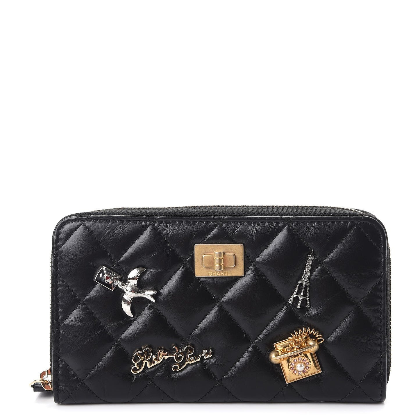 Aged Calfskin Quilted Small Lucky Charms 2.55 Reissue Zip Around Wallet Black
