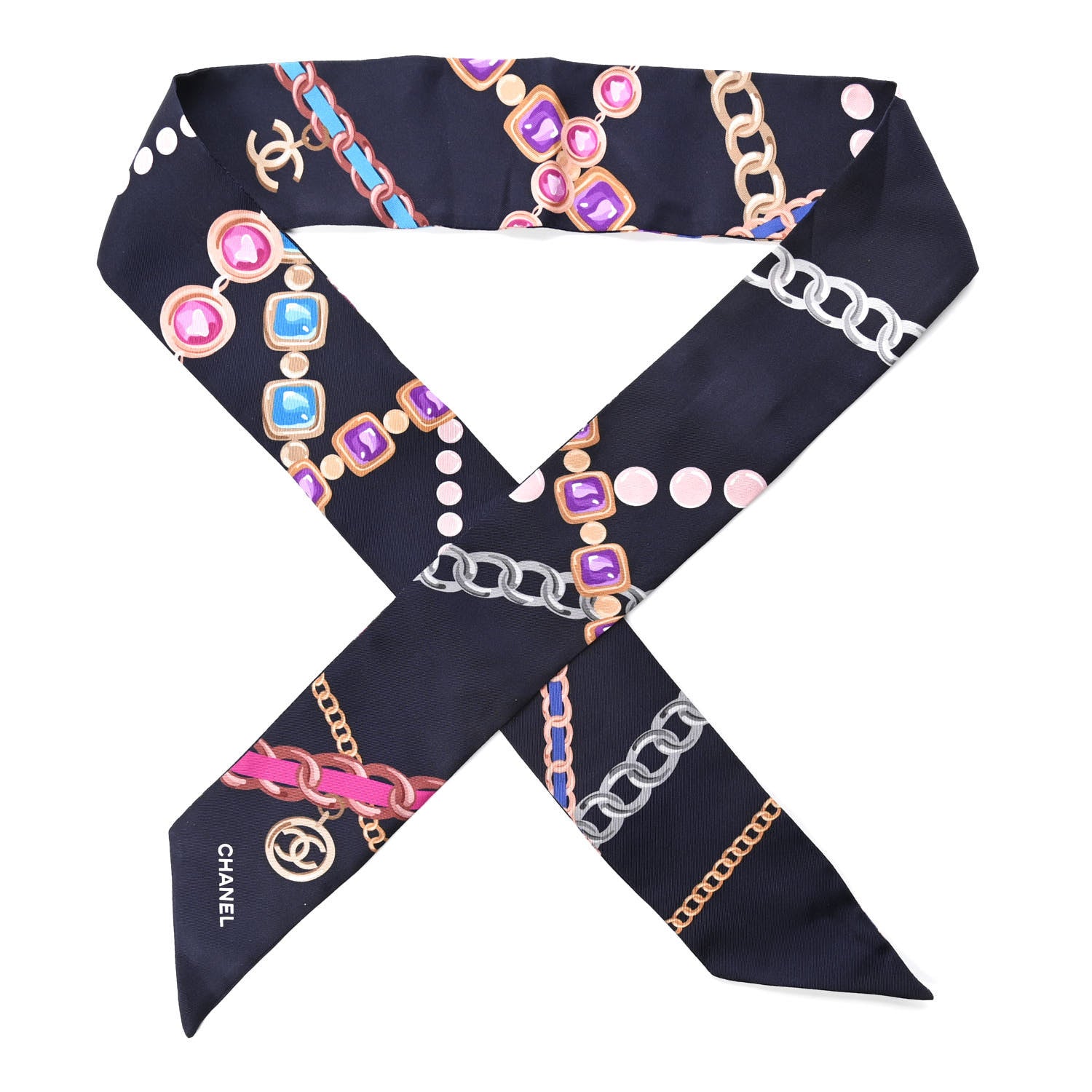 Chanel Silk Pearl CC Chain Slim Bandeau Scarf Navy Blue 1 of 4