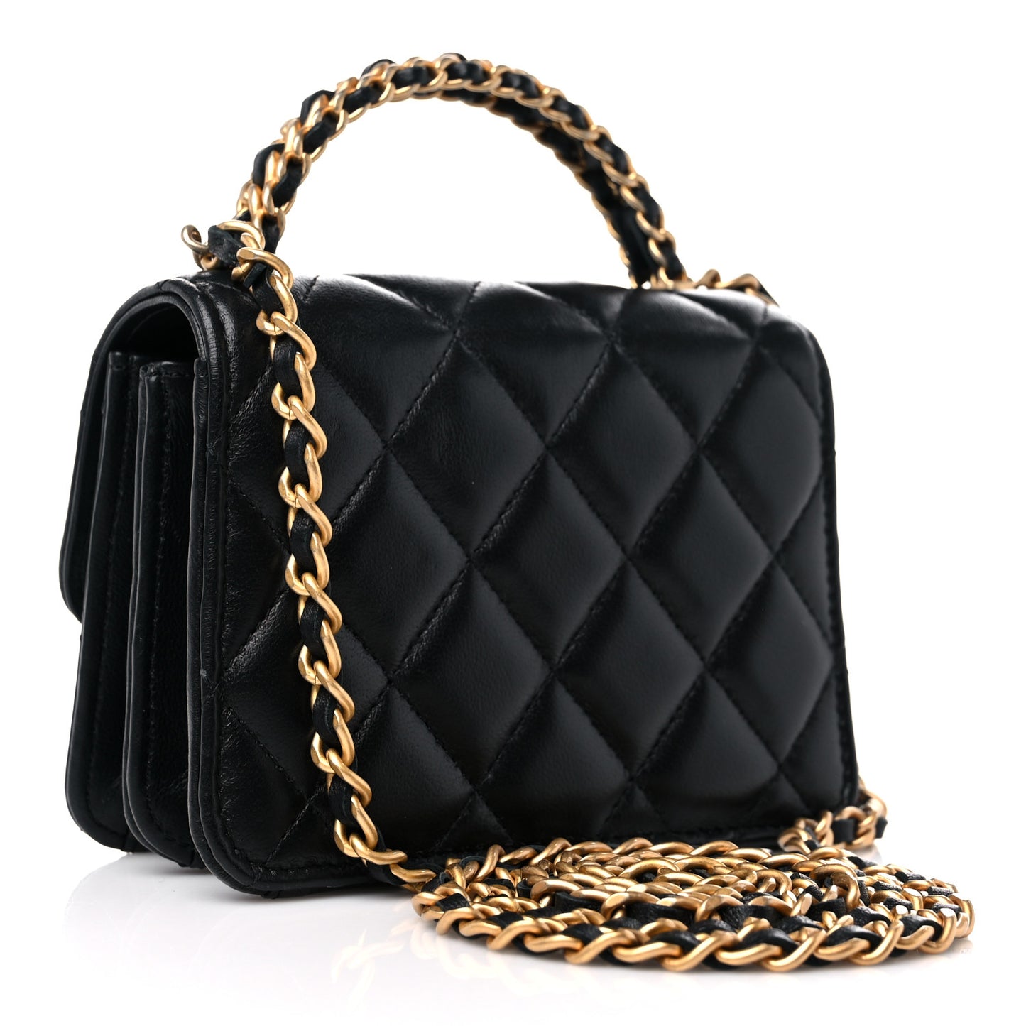 Lambskin Quilted Chain Top Handle Clutch With Chain Black