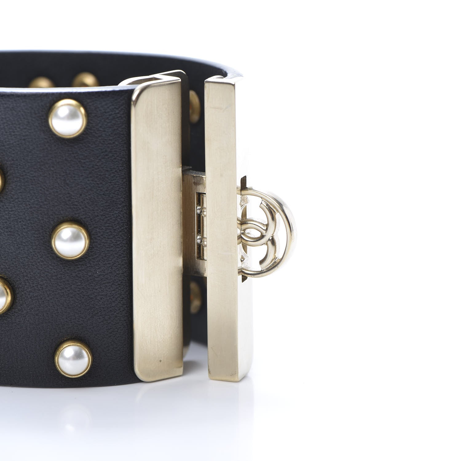Chanel Lambskin Calfskin Pearl CC Cuff Bracelet Black Gold 4 of 7