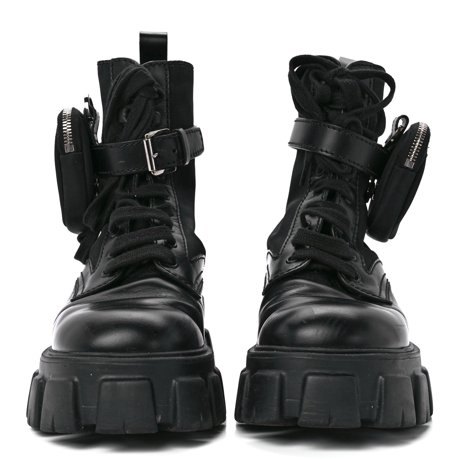 Prada Spazzolato Rois Re-Nylon Metal Triangle Logo Mens Monolith Pouch Pocket 60mm Combat Boots 6 Black 2 of 9