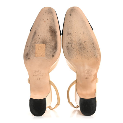 Chanel Goatskin Grosgrain Cap Toe CC Slingback Pumps 38 Beige Black 6 of 12