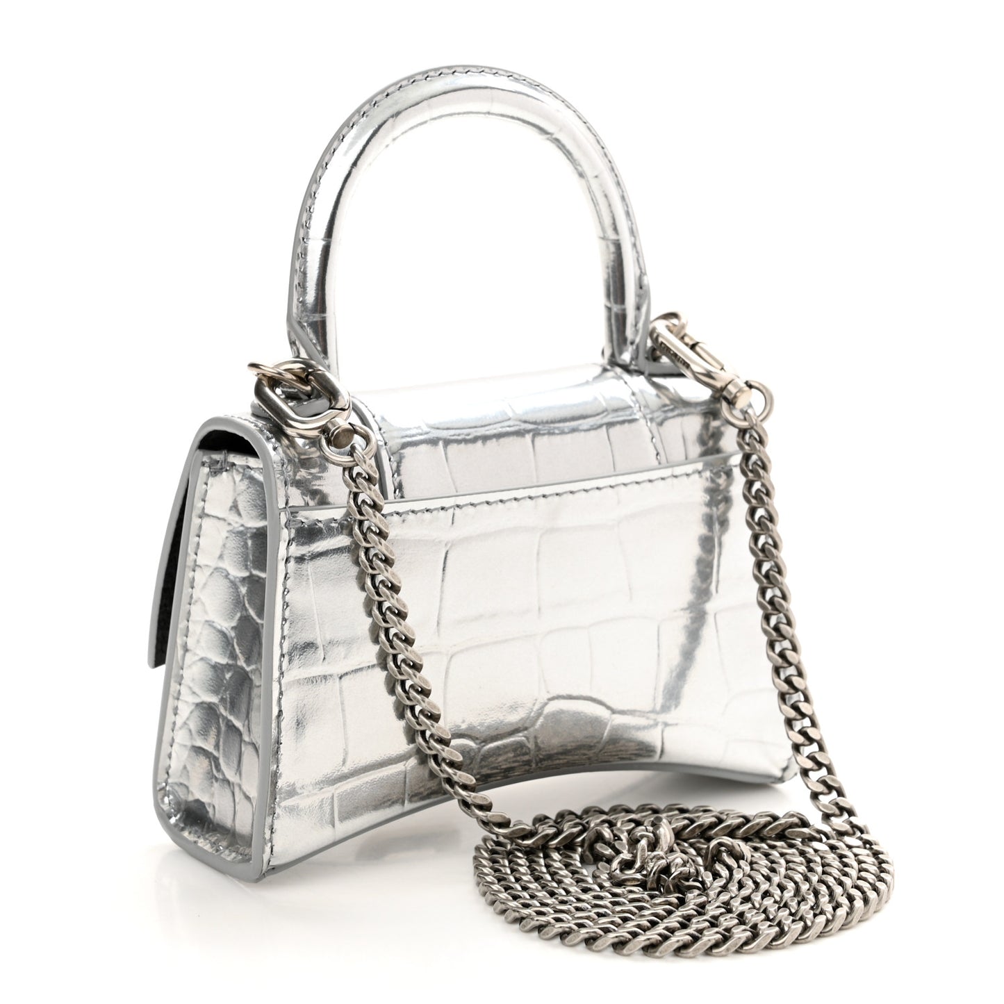 Metallic Calfskin Crocodile Embossed Hourglass Top Handle Bag Mini with Chain Silver