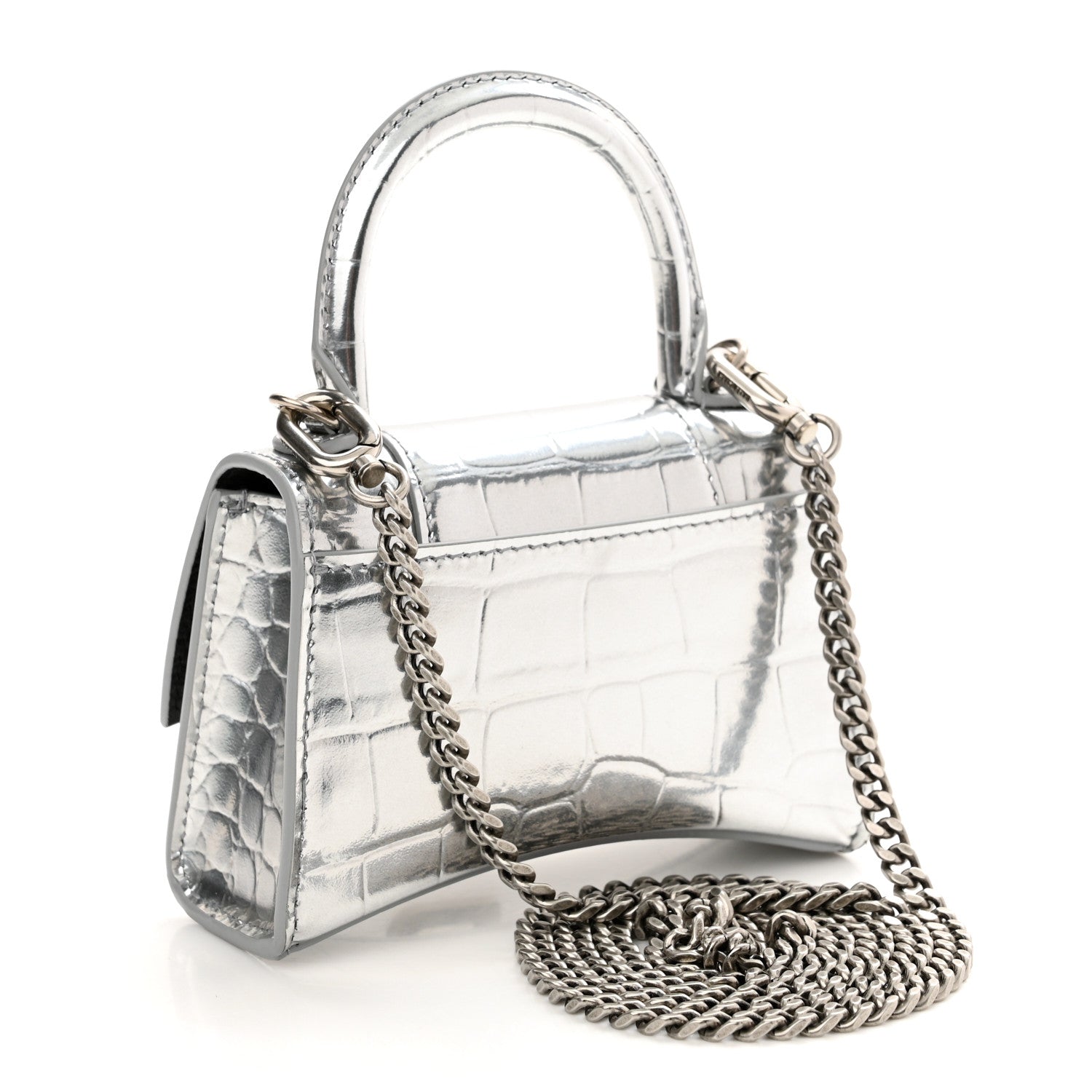 Balenciaga Metallic Calfskin Crocodile Embossed Hourglass Top Handle Bag Mini with Chain Silver 2 of 8
