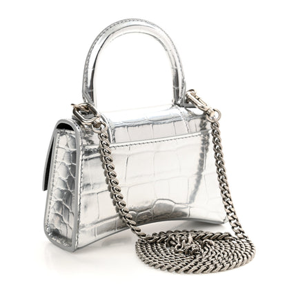 Balenciaga Metallic Calfskin Crocodile Embossed Hourglass Top Handle Bag Mini with Chain Silver 2 of 8