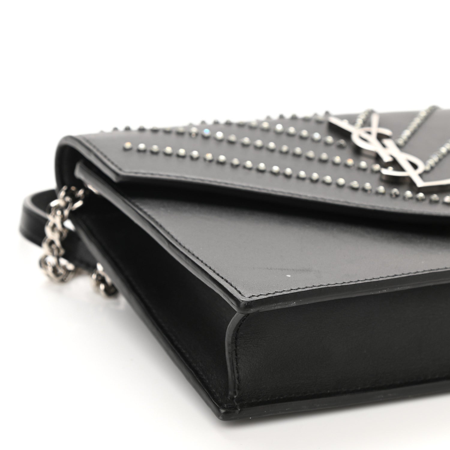 Saint Laurent Calfskin Studded Monogram Envelope Chain Wallet Black 8 of 9