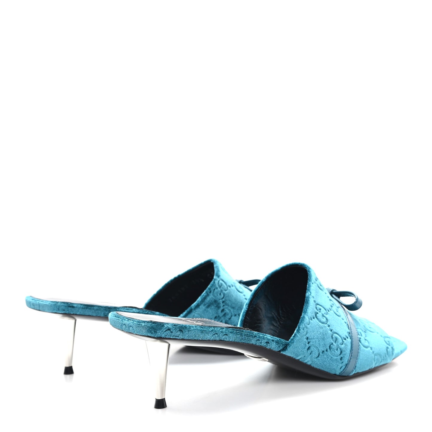 New Velvet Ashmir Regent Calfskin GG Monogram Square Toe Bow 45mm Slide Sandals Peacock Blue 39.5