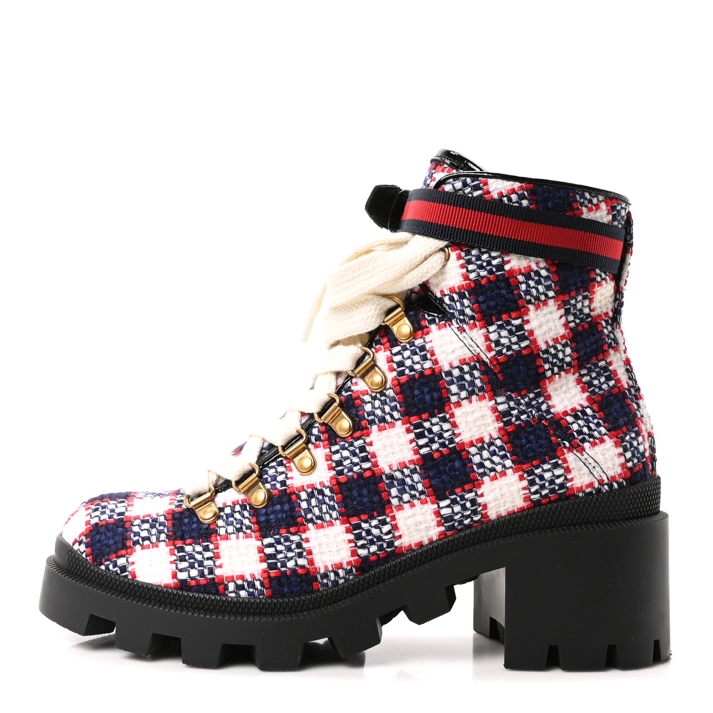 Vintage Tweed Check Lace Up Combat Ankle Boots 39 White Hibiscus Red Marine