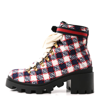 Gucci Vintage Tweed Check Lace Up Combat Ankle Boots 39 White Hibiscus Red Marine 1 of 10