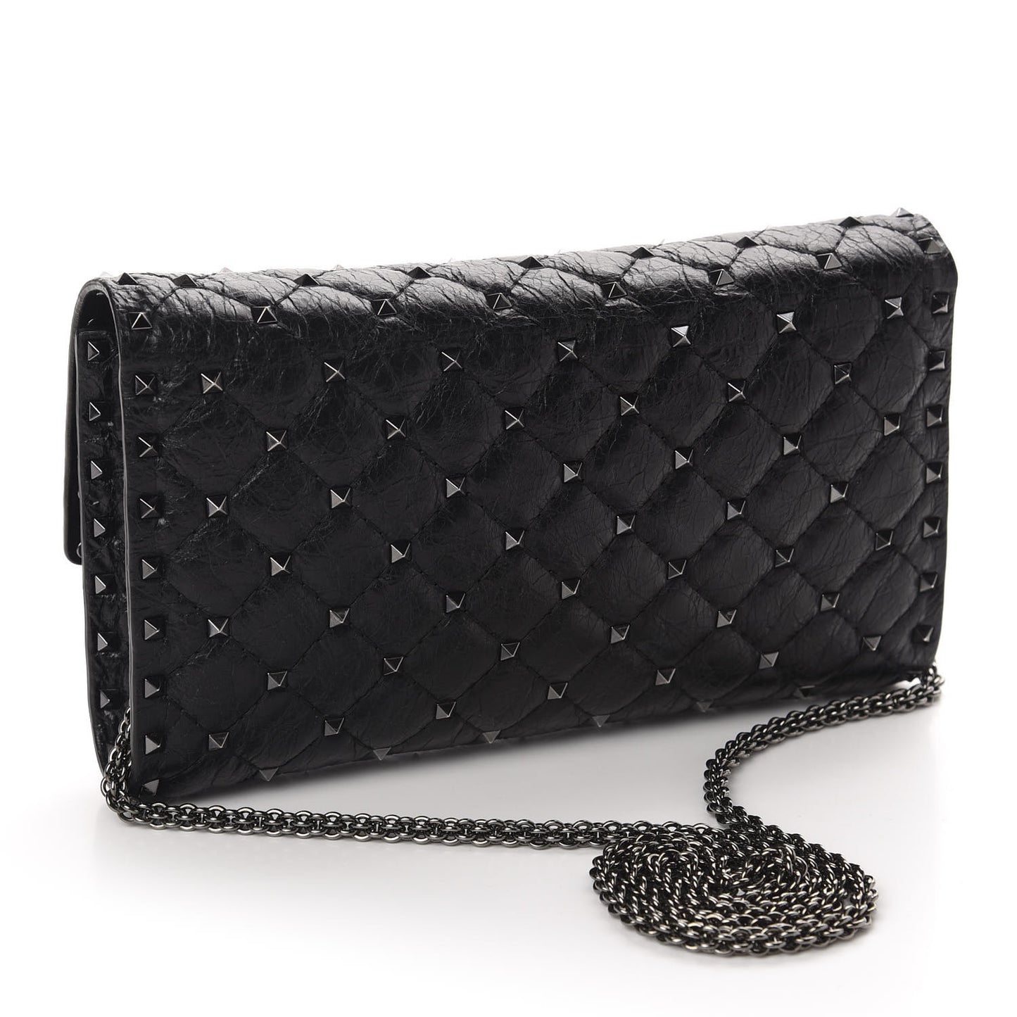 Craquele Nappa Rockstud Spike Wallet on Chain Black