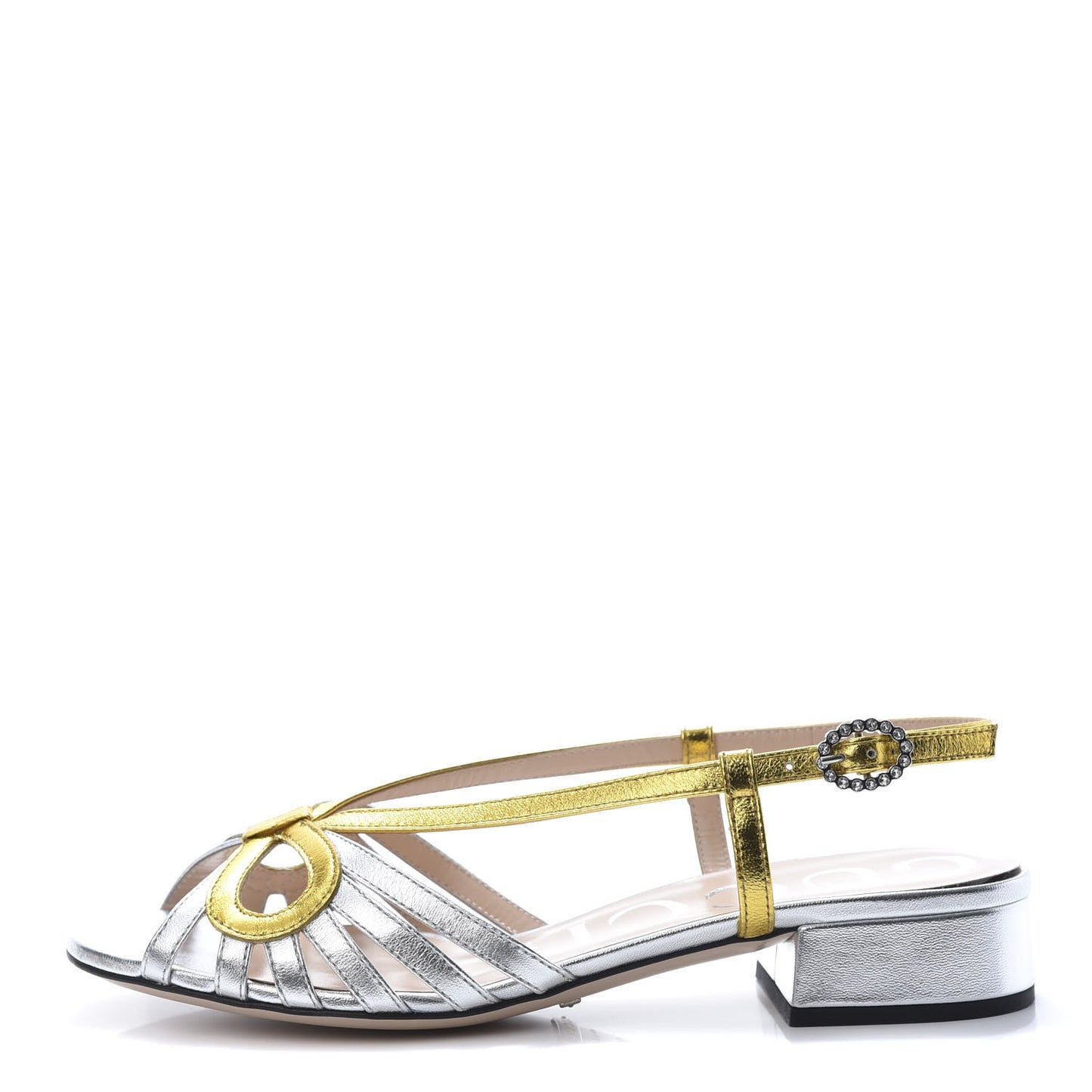 Metallic Nappa Crystal Zephyra Slingback Low Heel Sandals 36 Silver Gold