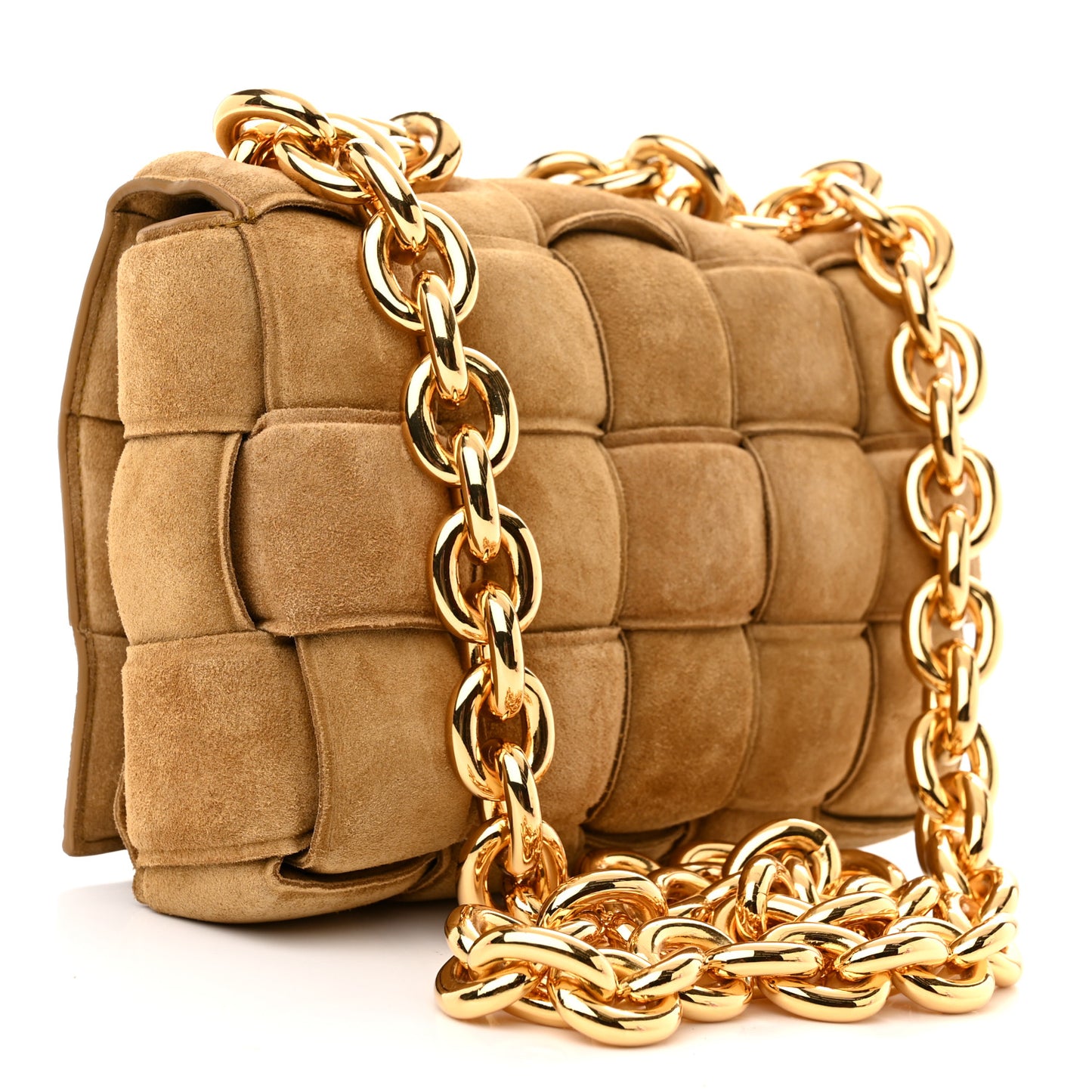 Suede Maxi Intrecciato Padded Chain Cassette Crossbody Bag Taupe