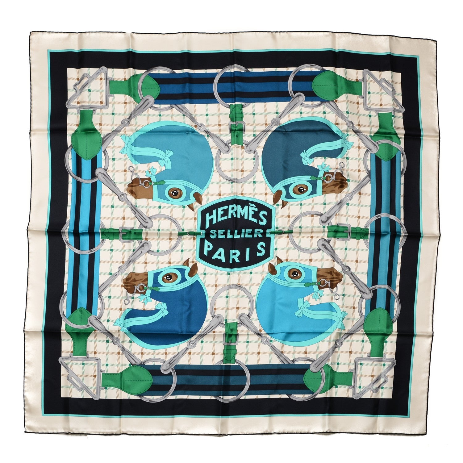 Hermes Silk Tatersale Scarf 90 Creme Turquoise Vert 1 of 5