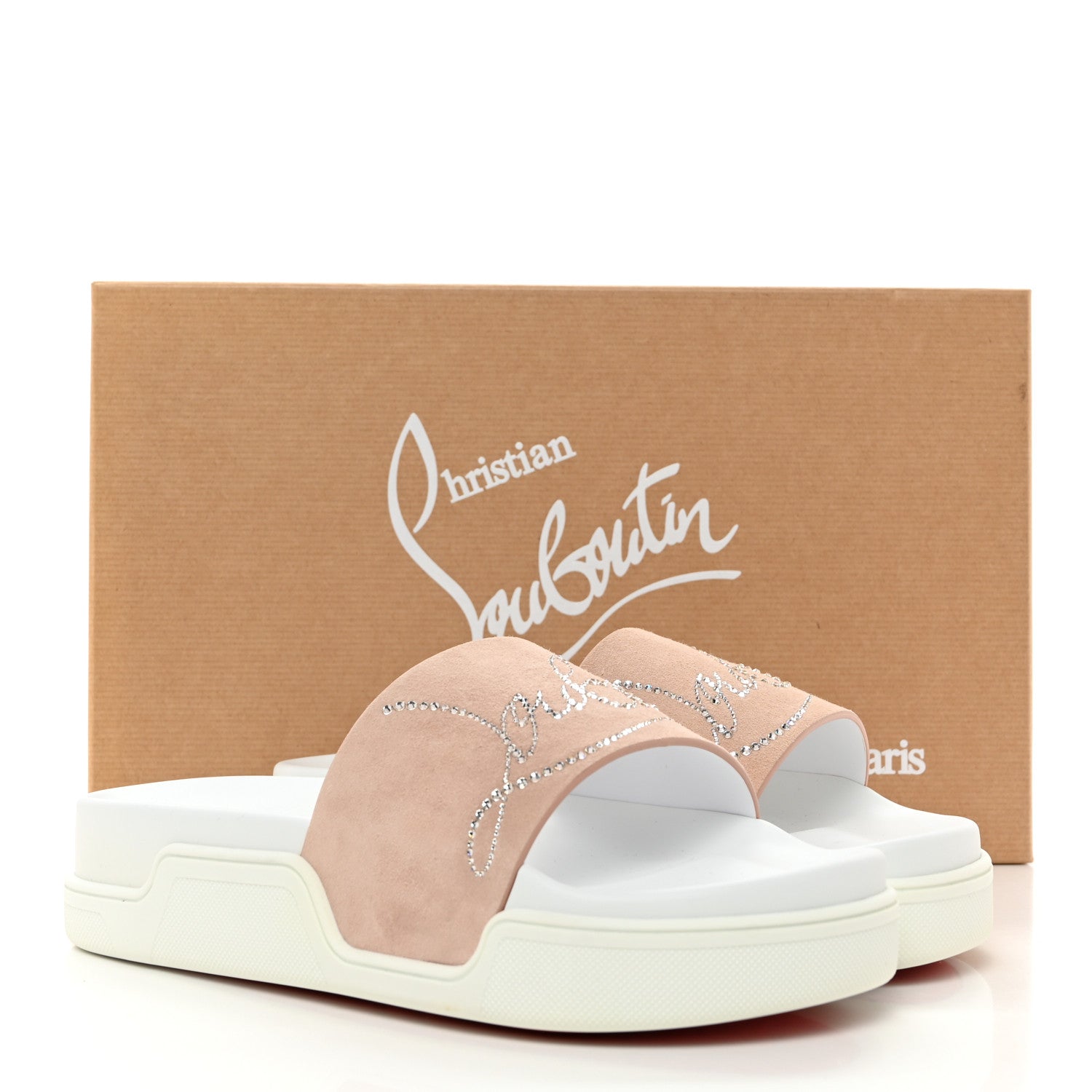 Christian Louboutin Veau Velours Strass Dear Pool Flat Platform Slide Sandal 38 Nude 9 of 9