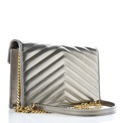 Saint Laurent Metallic Grain De Poudre Matelasse Chevron Monogram Envelope Chain Wallet Piombo Black 3 of 9
