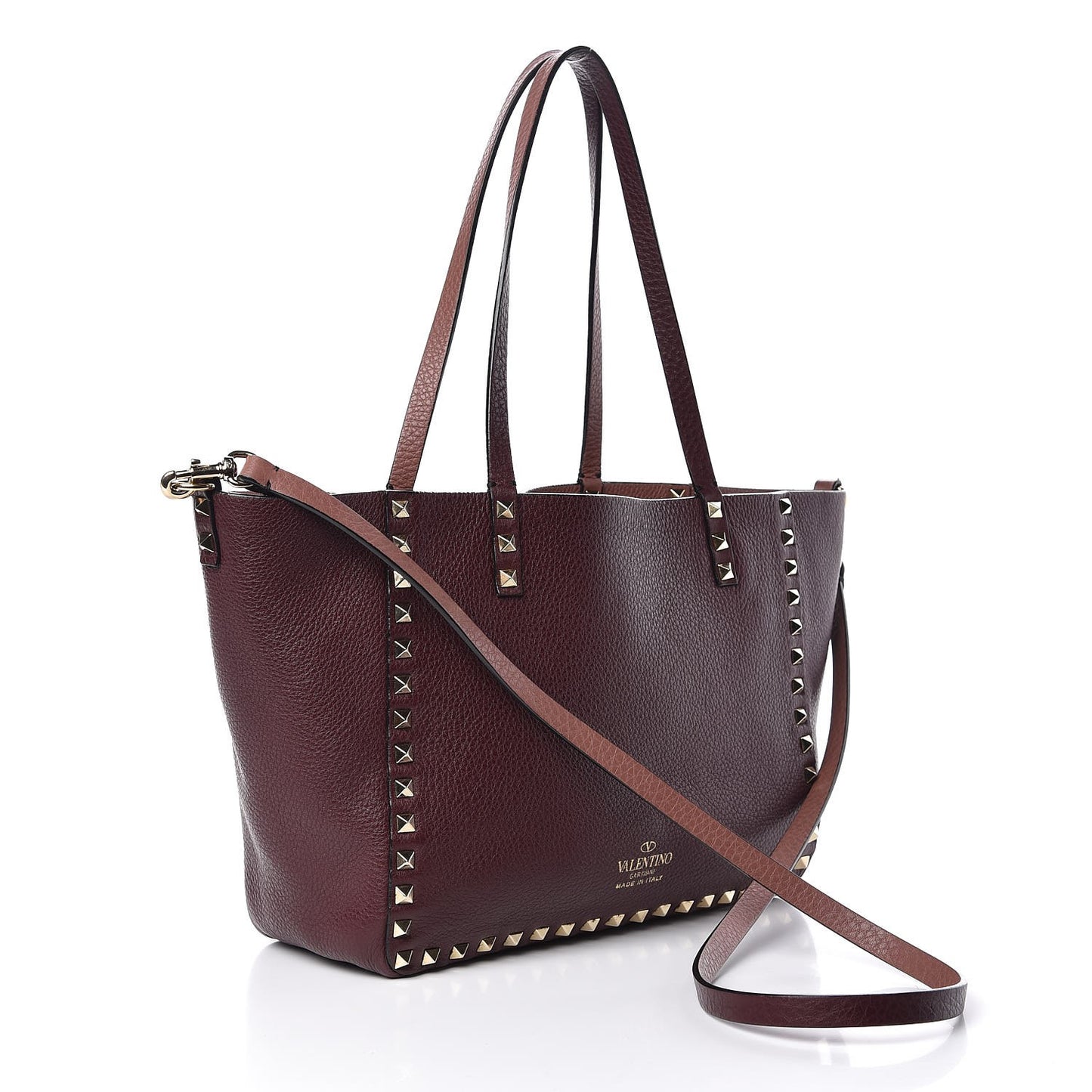 Pebbled Calfskin Small Rockstud Reversible Tote Rubin Blush