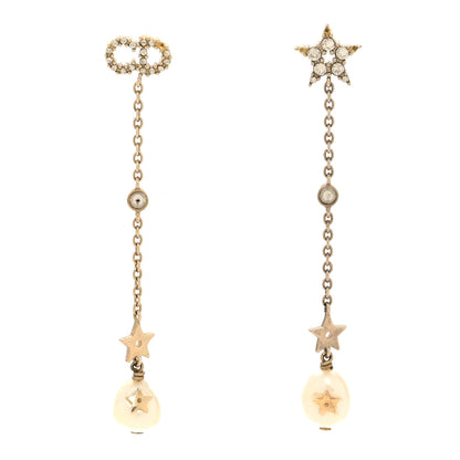 Christian Dior Pearl Crystal Star CD Drop Earrings Gold 1 of 6