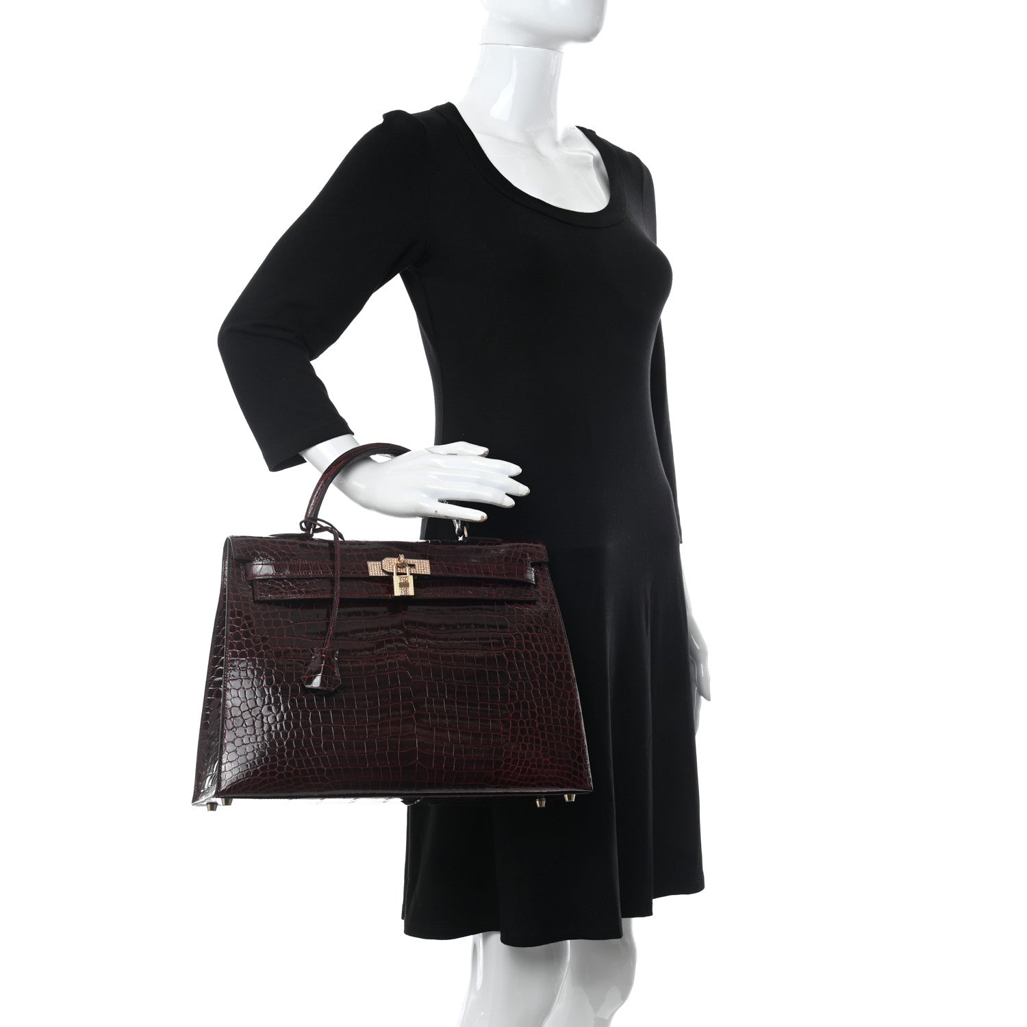 Hermes Shiny Porosus Crocodile 18K Rose Gold Diamond Kelly Sellier 35 Bordeaux 2 of 10