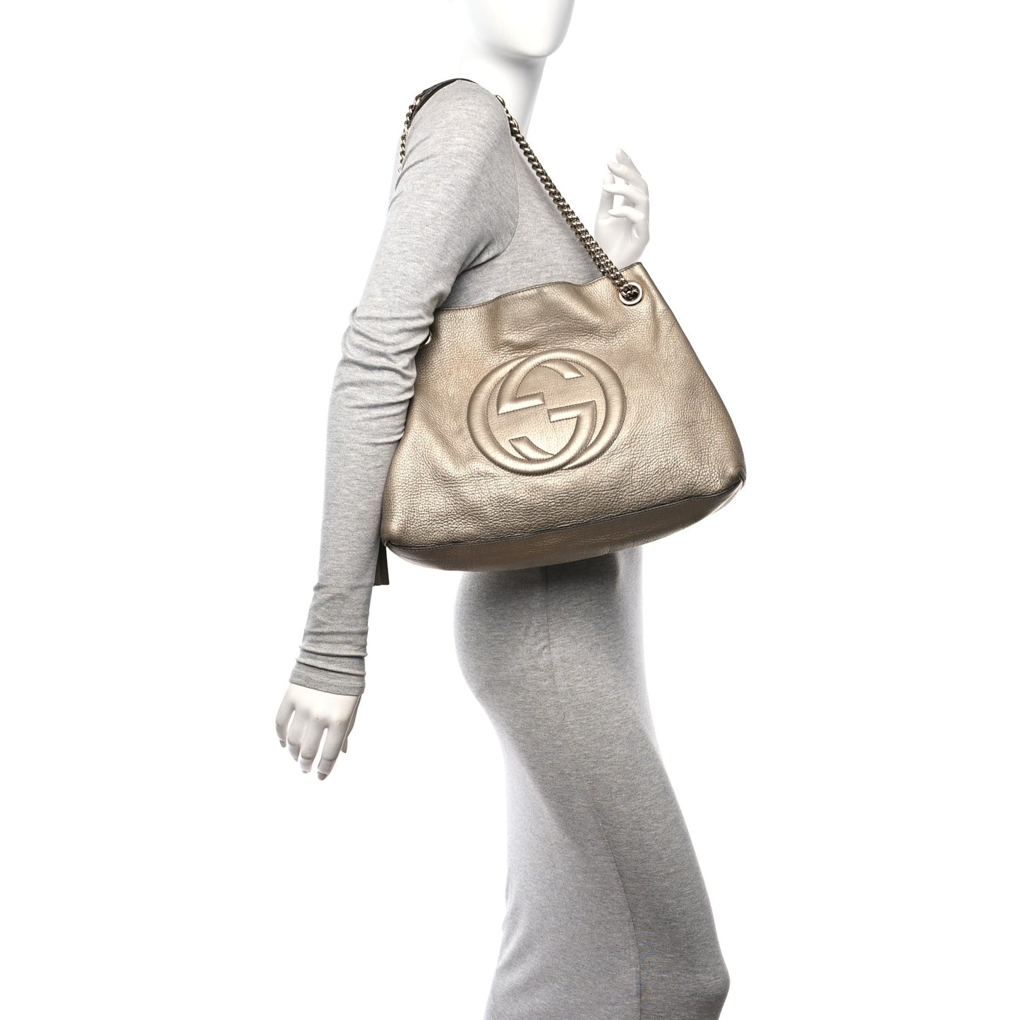 Metallic Pebbled Calfskin Medium Soho Chain Shoulder Bag Golden Beige