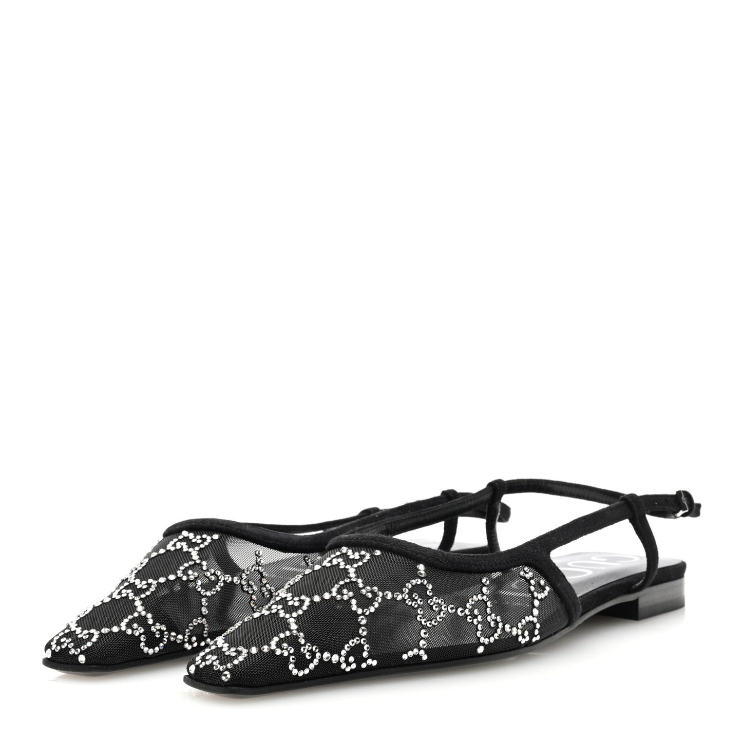 Suede Mesh Crystal GG Monogram Slingback Ballet Flats 37 Black